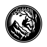 Silhouette of a climber scaling a rocky cliff, using a tree branch for support, within a circular emblem, representing adventure and mountaineering. vector