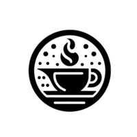 Stylized black and white featuring a steaming coffee cup with a saucer inside a circular frame dotted with small circles. vector