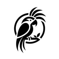 Stylized black cockatoo perched on a branch, framed within a circle, minimalist on a white background. vector