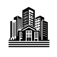 A stylized black and white illustration of a modern cityscape, featuring a central building with other highrise structures and horizontal lines base. vector
