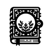 Intricately Designed Illustration of a Magical Grimoire with Leaf Embellishments, Key, and Bookmark, in a Modern Black and White Style. vector
