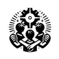 Symbolic Black and White Illustration of Teamwork Three Silhouetted Figures Embrace a Central Gear, Surrounded by Radiating Lines and Stars, Representing Collaboration and Progress. vector