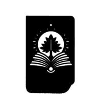 A stylized black book cover featuring a white open book with a tree inside a circle and decorative starburst accents. vector