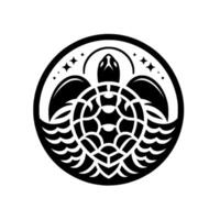 Stylized Black and White Sea Turtle Silhouette in Circular Emblem with Waves, Stars, and a Halolike Arc. vector