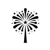 Minimalist black and white firework with a central starburst, emanating rays and star accents on white background. vector