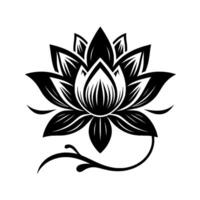 Elegant, symmetrical black and white lotus flower illustration with detailed petals, stem, and minimalist style against a white background. vector