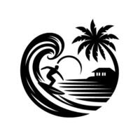 Silhouette of a Surfer Riding a Wave, Palm Tree, and Coastal House in a Circular, Black and White, Illustration. vector