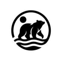 Stylized Silhouette of a Bear Walking on Water in a Circle, with a Sun Symbol, Clean , and Monochrome Composition. vector