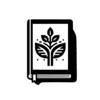 A minimalist, monochrome featuring a stylized sprouting plant on the open pages of a closed book, complete with a bookmark, representing growth and knowledge. vector