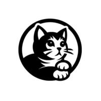 Adorable black and white cat in a circular frame, gazing with curiosity, minimalist, playful, illustration. vector