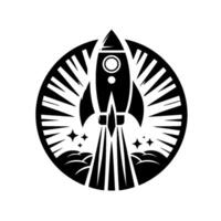 Bold Black and White Rocketship within a Circular, Geometric with Stars and Clouds, Symbolizing Flight. vector