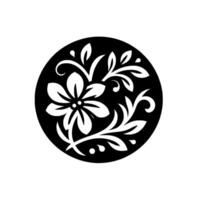 Elegant Floral in a Black Circle, Featuring a Symmetric Flower, Leaves, and Swirls on a White Background. vector