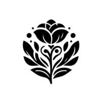 Bold Black and White Floral with Leafy Elements and Stylized Petals, Emphasizing Symmetry and Elegance. vector