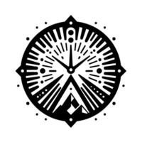 Stylized Black and White Compass with Mountain Silhouette and Time Hands, Symbolic of Direction and Navigation, Clean Lines. vector