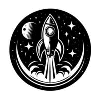 Black and White Rocket Launching into Space with Moon and Stars, Vintage Style, Circular Composition, Retro Space Exploration. vector