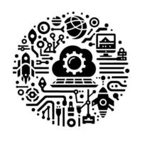 Black and White Circular Tech Illustration Featuring Cloud Computing, Rockets, Network Circuitry, and Global Connectivity in Minimalist Style vector