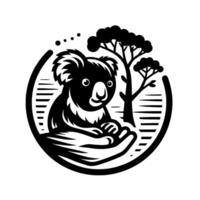 Stylized Black and White Koala in a Hand, with Tree and Circle Frame, Illustrating Nature and Care. vector