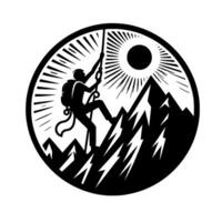 Black and white circular illustration of a climber scaling a mountain, with a sunburst and peaks. vector