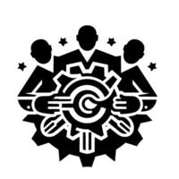 Monochromatic Symbol of Collaborative Teamwork Three figures uniting around a gear, embodying innovation and synergy, framed by stars, in a minimalist . vector