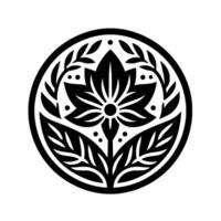A symmetrical black and white floral crest featuring stylized leaves and petals inside a circular frame, on a solid white backdrop. vector