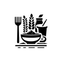 Minimalist Black and White Illustration of Healthy Breakfast Elements Fork, Cereal, Grains, Drink, and Utensil. vector