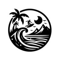 Circular Black and White Silhouette of a Surfer Riding a Wave Near Palm Trees, Mountains, Moon and Birds on the Ocean. vector