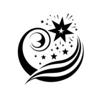 Elegant Black and White Celestial A stylized, circular composition features a large eightpointed star radiating light, framed by swirling lines and smaller stars, exuding a sense of wonder. vector
