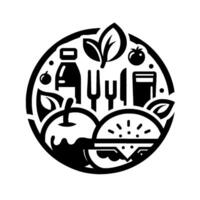 Monochrome Healthy Food Emblem Apple, Burger, Tomato, Utensils, Leaves, and a Bottle Enclosed within a Circular Frame vector