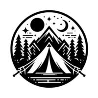 Black and white camping illustration within a circle featuring a tent at the base of mountains, trees, and celestial elements like the moon and stars. vector