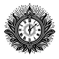 Ornate black and white clock , featuring Roman numerals, sunburst rays, and decorative floral elements within a circular arrangement. vector