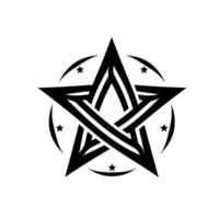Black and white pentagram symbol with a stylized and a surrounding circle with small stars, casting a subtle shadow on a white background. vector
