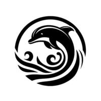 A stylized black and white dolphin gracefully leaping amidst stylized waves inside a circular frame, evoking a sense of freedom. vector