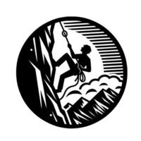 Black and White Circular Silhouette of a Climber Ascending a Rock Face with Mountains in the Distance. vector