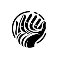 Abstract minimalist of a cupped hand, rendered in bold black and white, contained within a circular frame, symbolizing support and giving. vector
