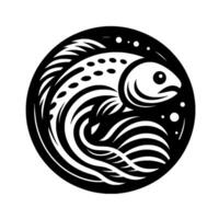 Stylized Black and White Fish Inside a Circle, Featuring Detailed Fins, Bubbles, and Dots, Suggesting Flow and Movement vector