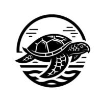 Stylized black and white illustration of a sea turtle swimming in stylized water, encircled within a bold , conveying motion. vector