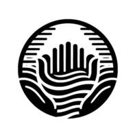 Black and White Hand Gesture Open Palms cradling a central hand, encased in an orblike pattern, symbolizing support and connection. vector