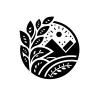Geometric Black and White Circular Featuring Mountain, Sun, and Foliage, Creating a Harmonious NatureInspired . vector