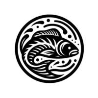 Black and white stylized fish illustration in a circular frame with aquatic elements, creating a modern minimalist . vector