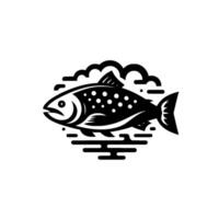 Stylized Black and White Fish with Spotted Body, CloudLike Circle, and Minimalist Water Lines on White Background. vector