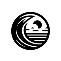 Circular Black and White Minimalist Depicting a Wave Crashing over the Ocean with the Sun Setting vector
