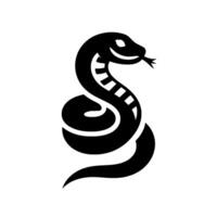 Black and white stylized illustration of a coiled serpent with a smiling face and a forked tongue, set against a stark white background. vector