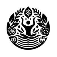 A circular black and white illustration depicting a figure in water surrounded by botanical elements like fruits, leaves, and water drops, symbolizing nature and life. vector