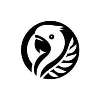 Minimalist black and white featuring a parrot head within a circular frame, incorporating a leaf for a clean, modern aesthetic. vector