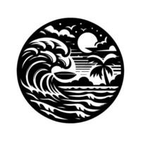 Monochrome WaveCrested Ocean View, Circle Composition, Beach Silhouette, Palm Tree, Clouds, Sun, Birds in Flight, Minimalist Art. vector