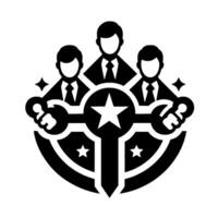Black and white emblem depicting three suited figures, star, keys, and a circular shield shape, representing collaboration, leadership, and access. vector