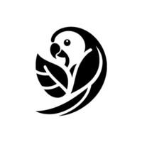 Elegant Black and White Parrot A stylized parrot , intertwined with leaves, conveying a sense of nature, simplicity, and modern aesthetic on a plain white backdrop. vector