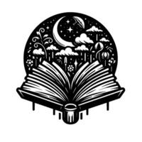 Enchanted book reveals a night sky scene, filled with moon, stars, clouds, and floral elements. vector