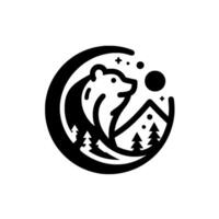 Black and white minimalist circle featuring a bear, mountains, trees, sun, and stars representing nature and adventure. vector