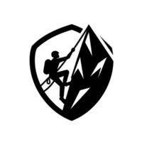 Silhouette of a determined rock climber ascending a rugged mountain within a shield emblem, symbolizing strength, challenge, and achievement, monochrome style. vector